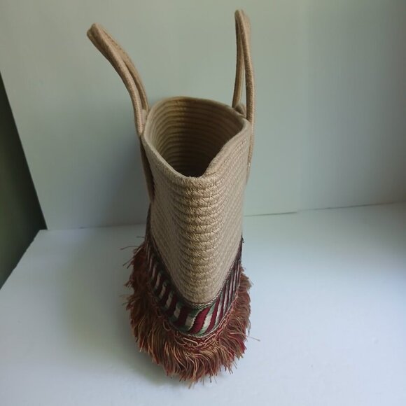 Soft Natural Rope Satchel Tote Bag Rich Circular Handle Embroidery & Fringe - Picture 8 of 9